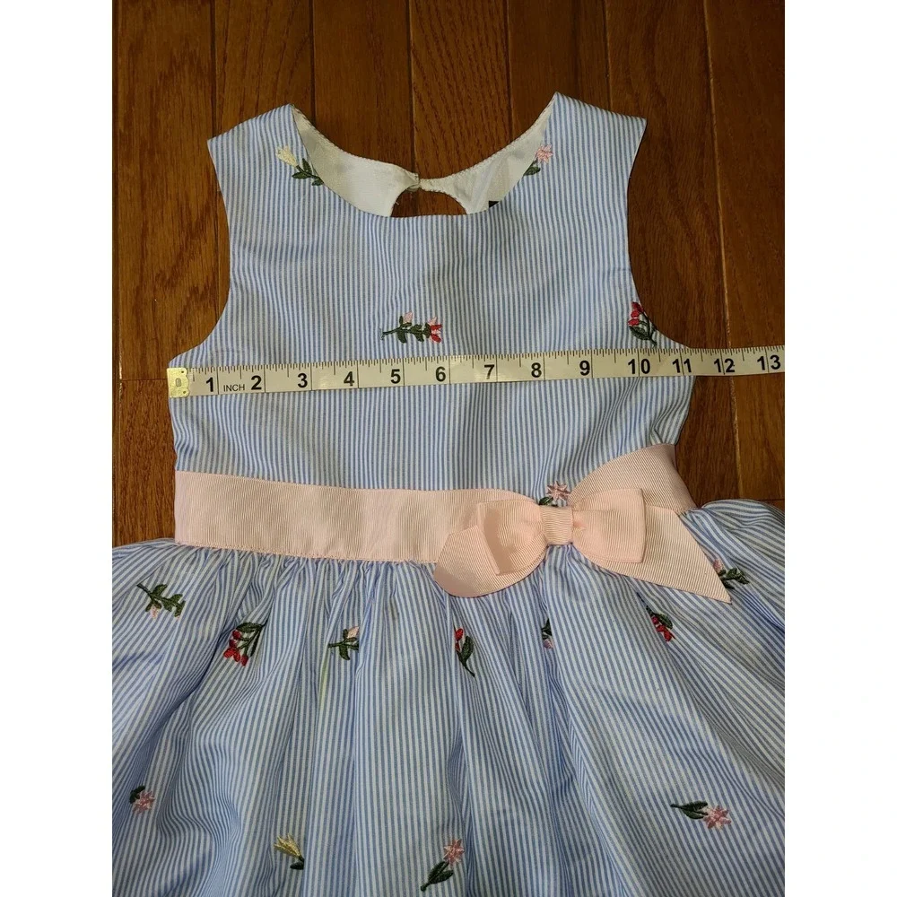 Zunie Sleeveless Floral Embroidered Petticoat Blue Stripe Pinstripe‎ Dress Sz 5